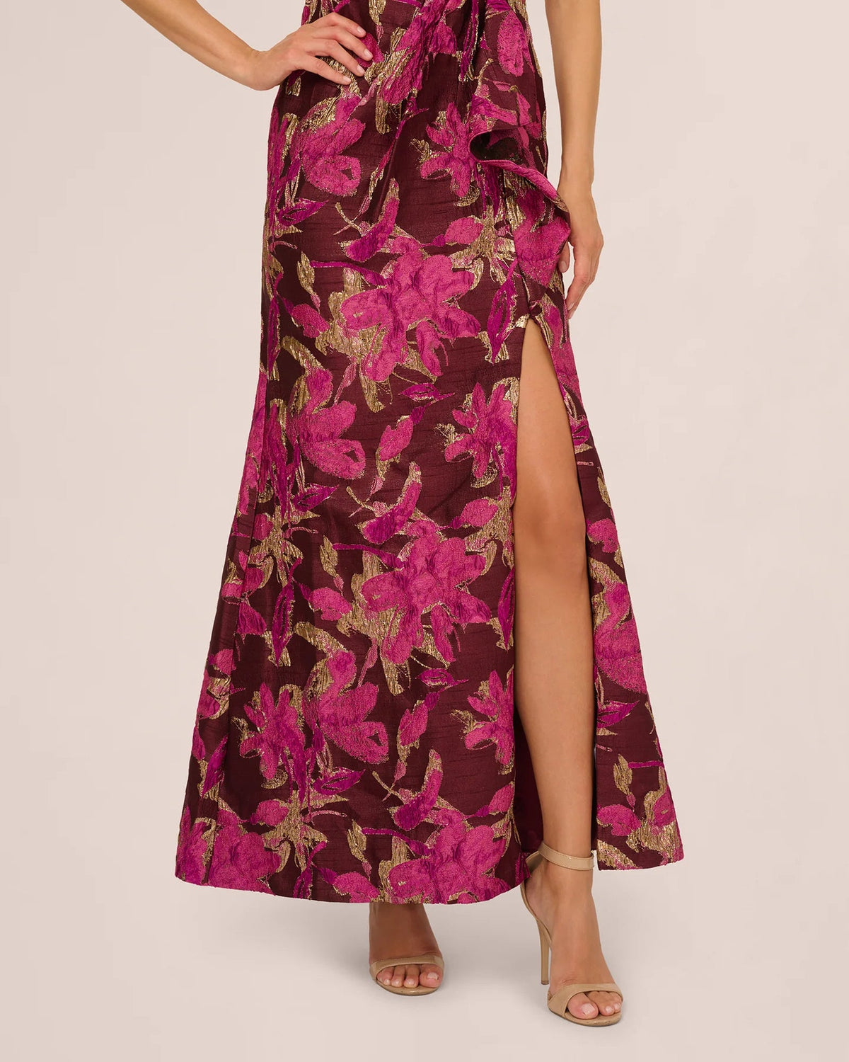 One-shoulder A-line maxi dress with high front slit, burgundy and gold botanical pattern