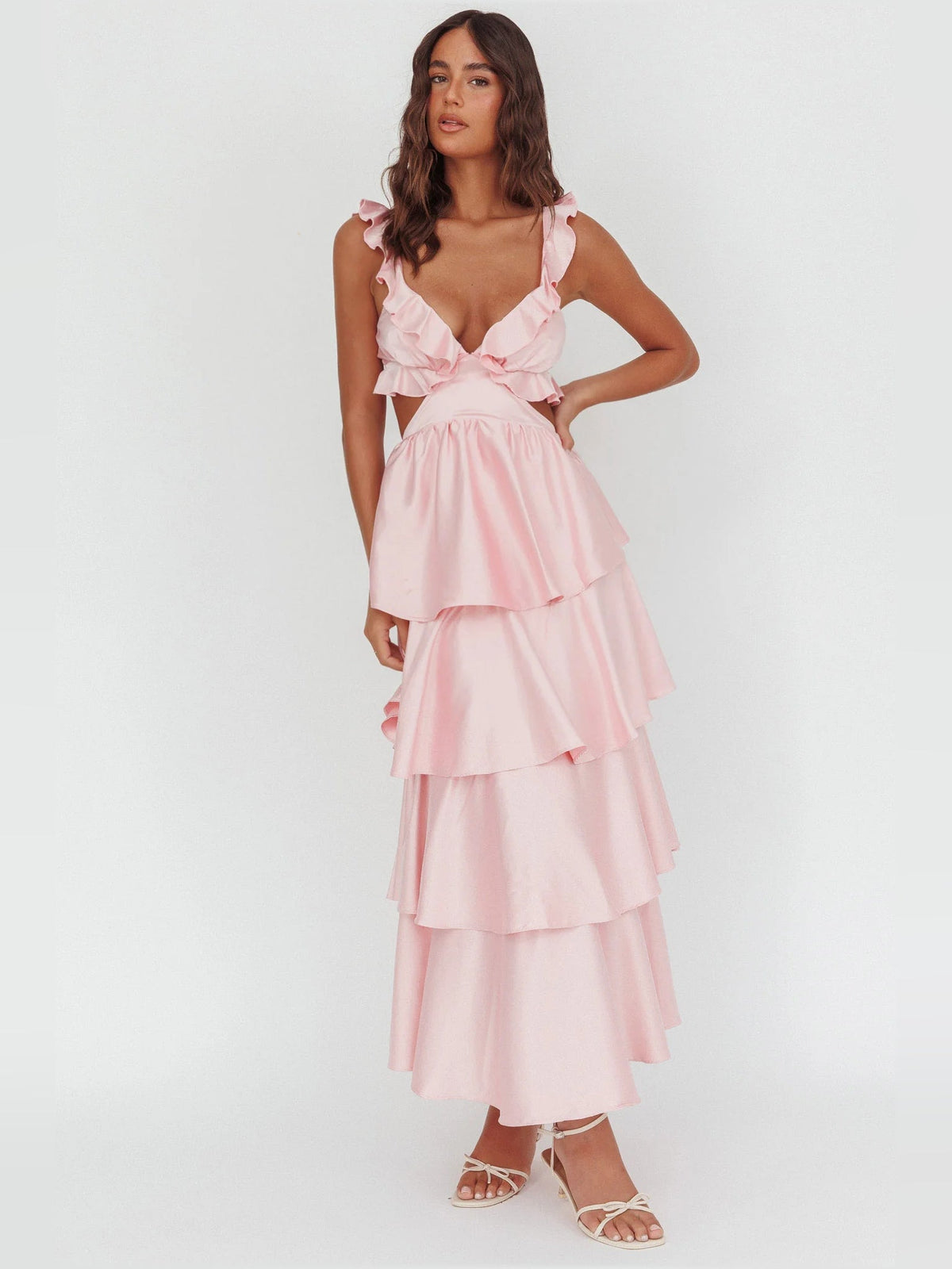 Pink V-neck tiered ruffle maxi dress with layered skirt and flutter straps