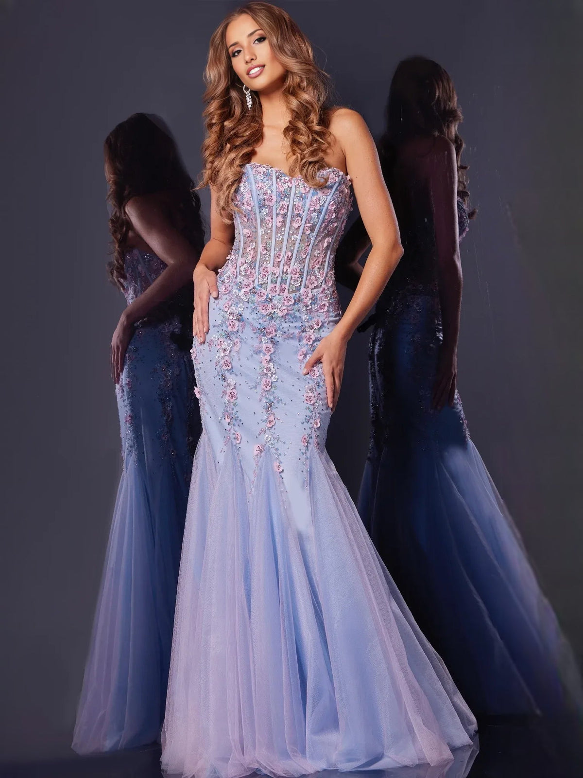 Lilac floral sweetheart corset formal dress with corset seams and floor-length tulle skirt