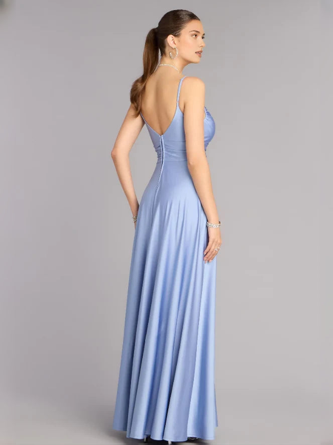 Blue V-neck A-line prom dress with open back, spaghetti straps, long skirt