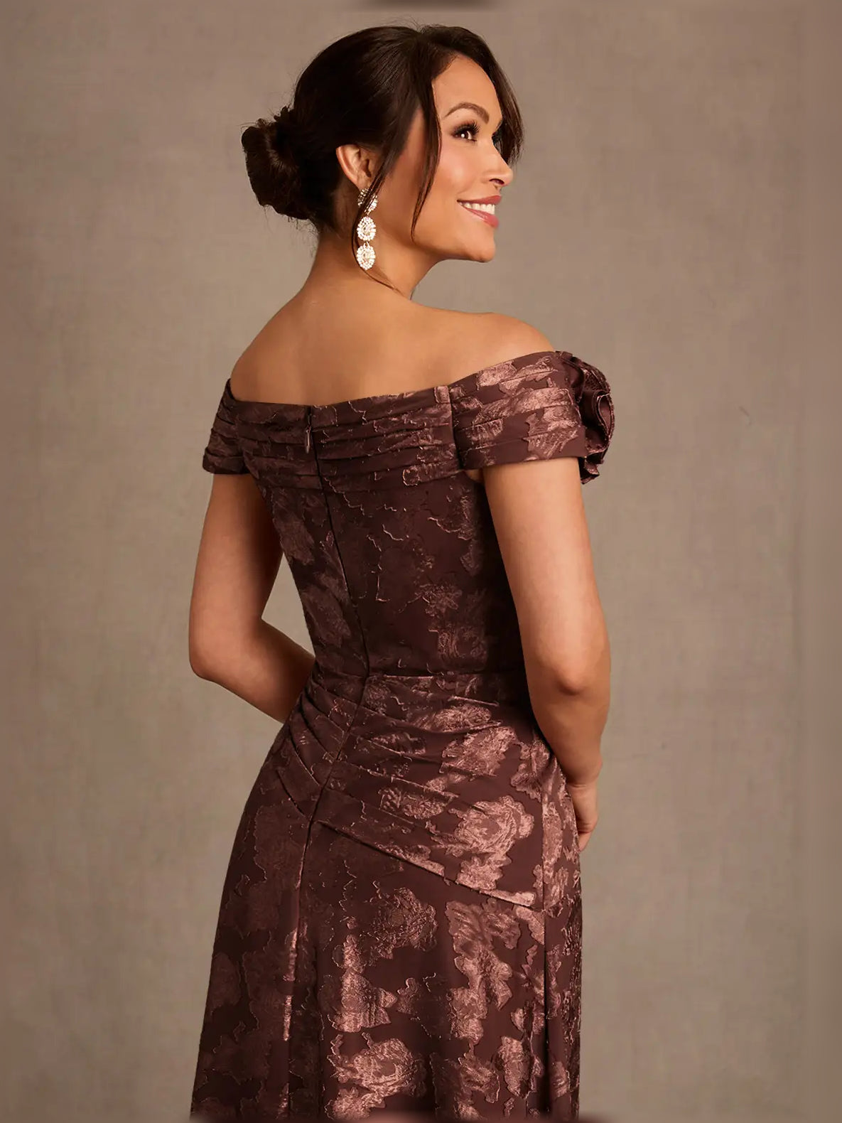 Espresso off-shoulder maxi dress with rosette accent, ruched waist, floral jacquard