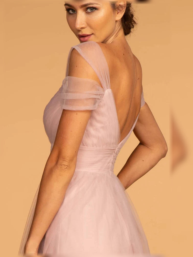 Mauve off-shoulder pleated bodice tulle bridesmaid gown, open back