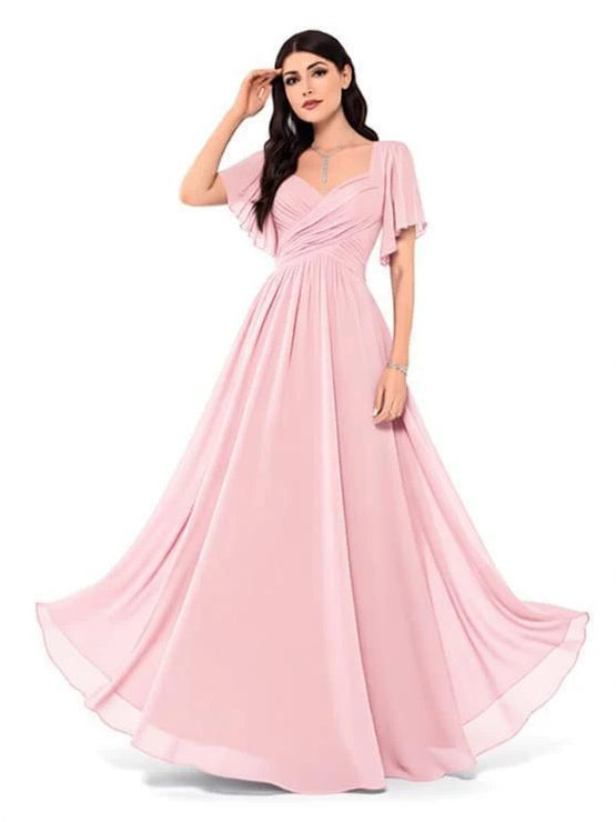 Blush pink sweetheart A-line chiffon bridesmaid dress with flutter sleeves