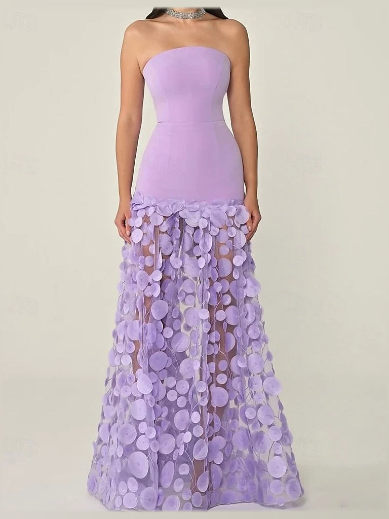 Strapless mermaid prom dress with lavender bodice and layered tulle skirt