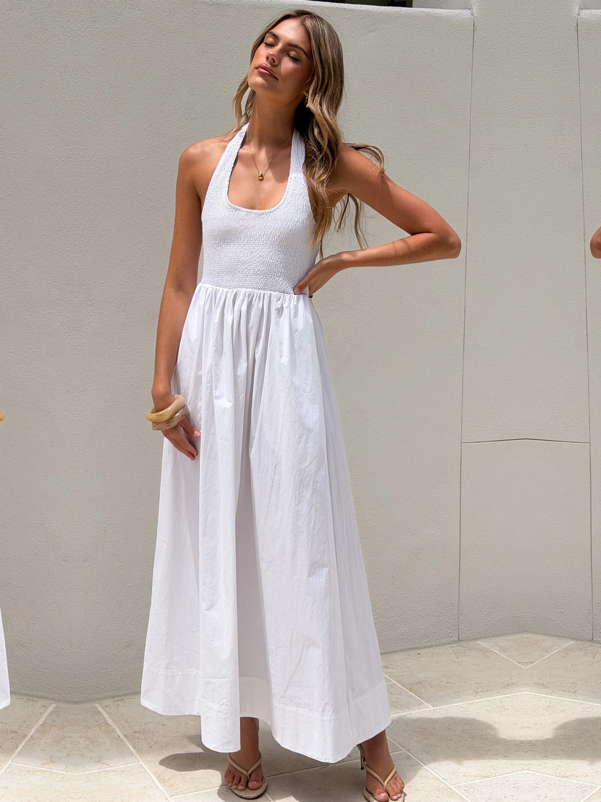 White a-line maxi formal dress with V-neckline, alternate view showing the waist