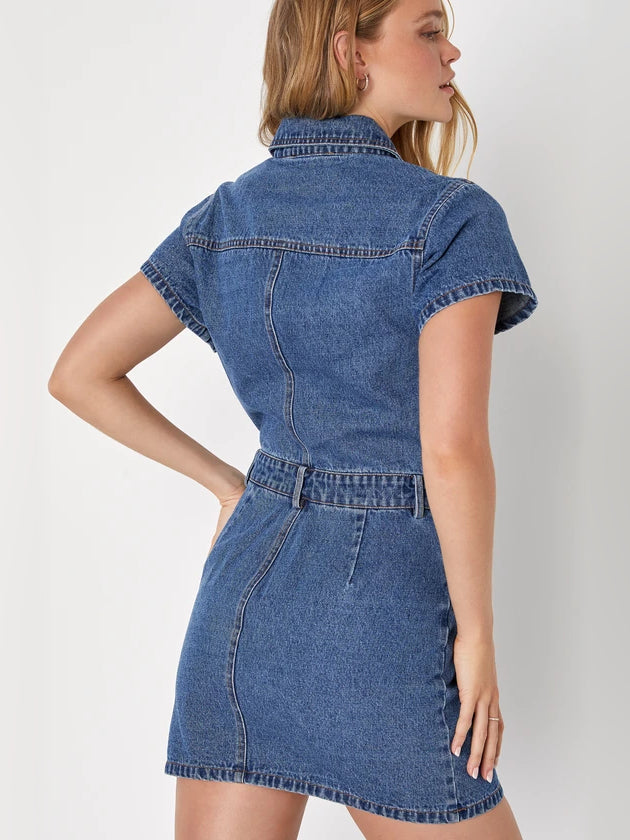 Blue denim mini dress, back view, short sleeves, yoke seam and waist tie