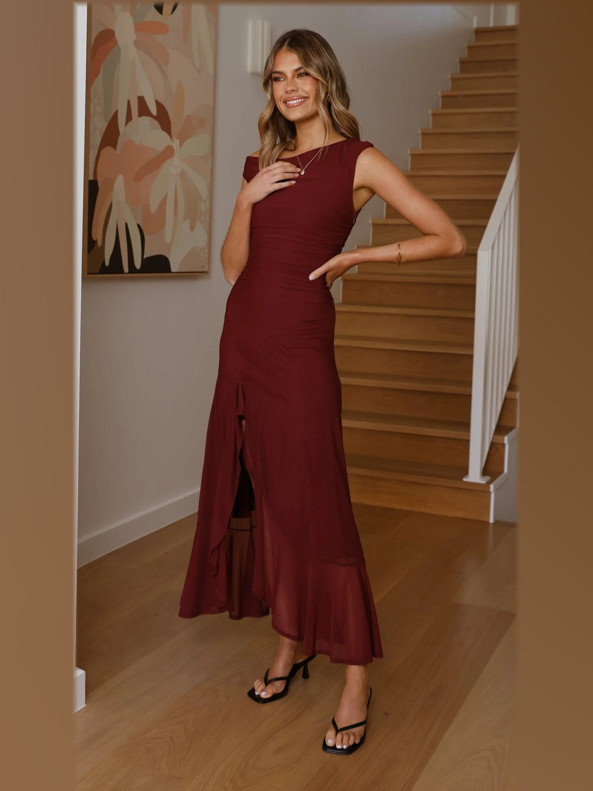 Wine maxi formal dress, alternate full-length view showing the skirt