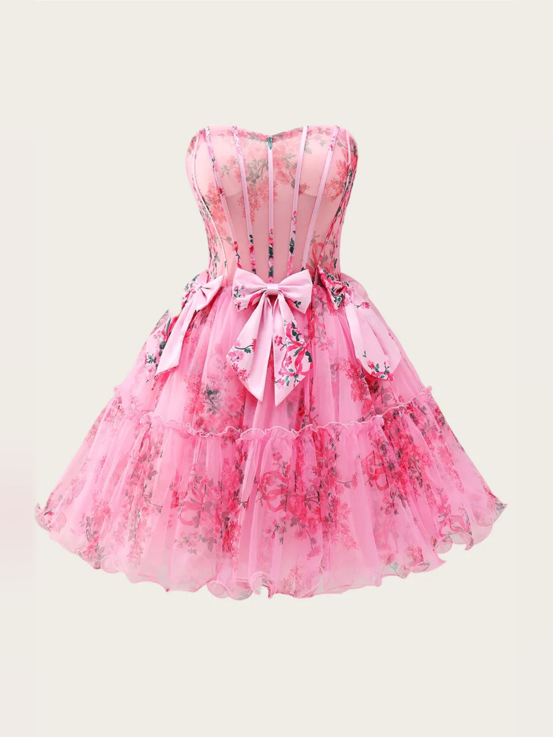 Pink floral strapless corset mini tulle dress, full front view with waist bow