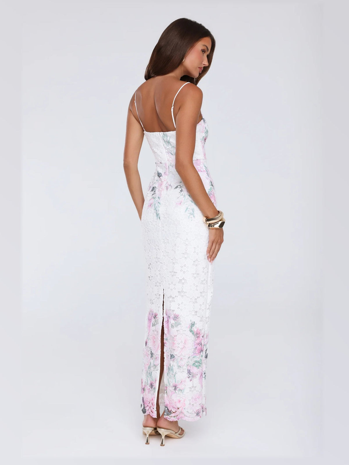 White maxi formal dress, alternate full-length view showing the skirt