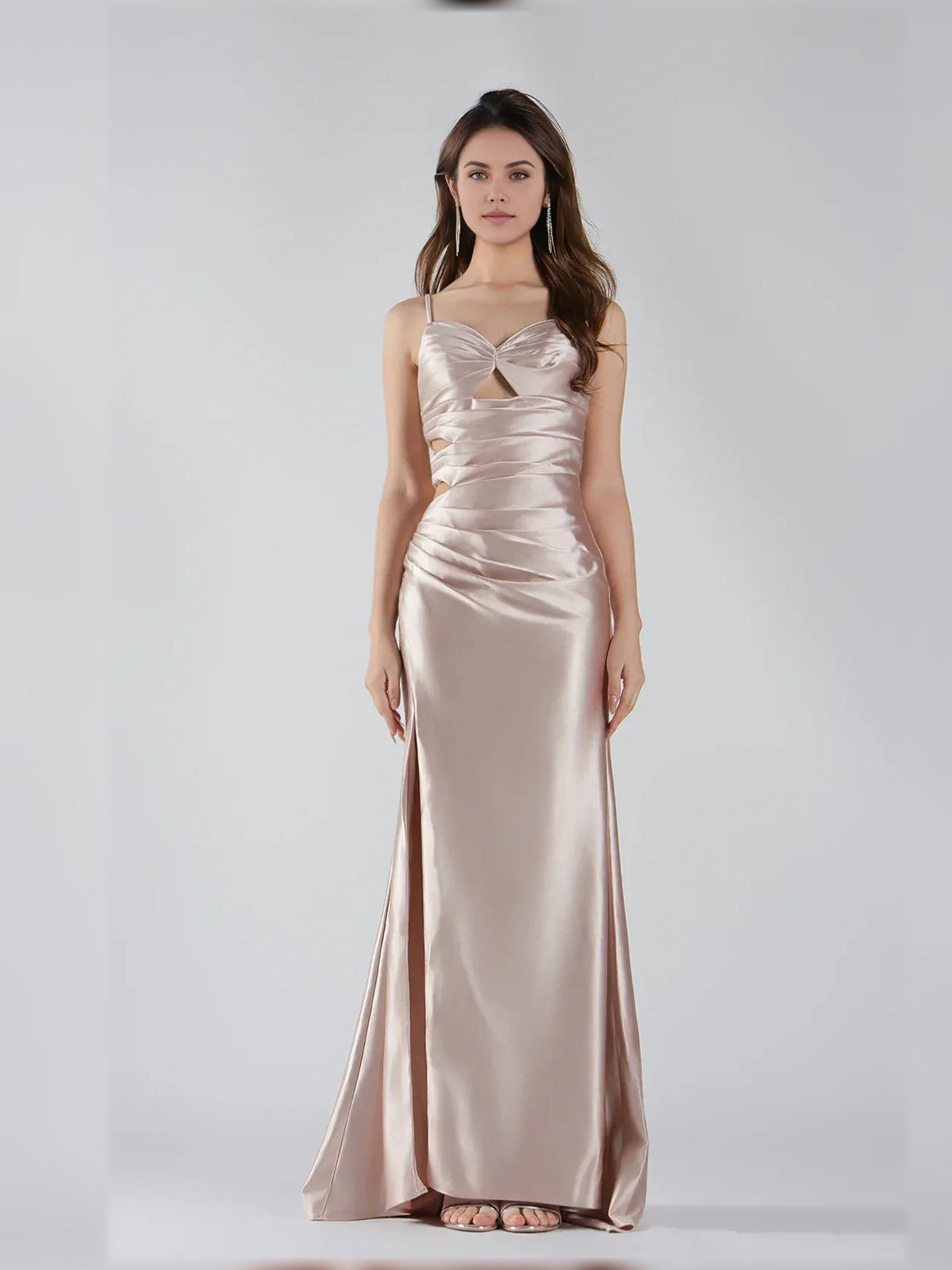Taupe satin sweetheart mermaid gown with spaghetti straps, ruched waist and long front slit