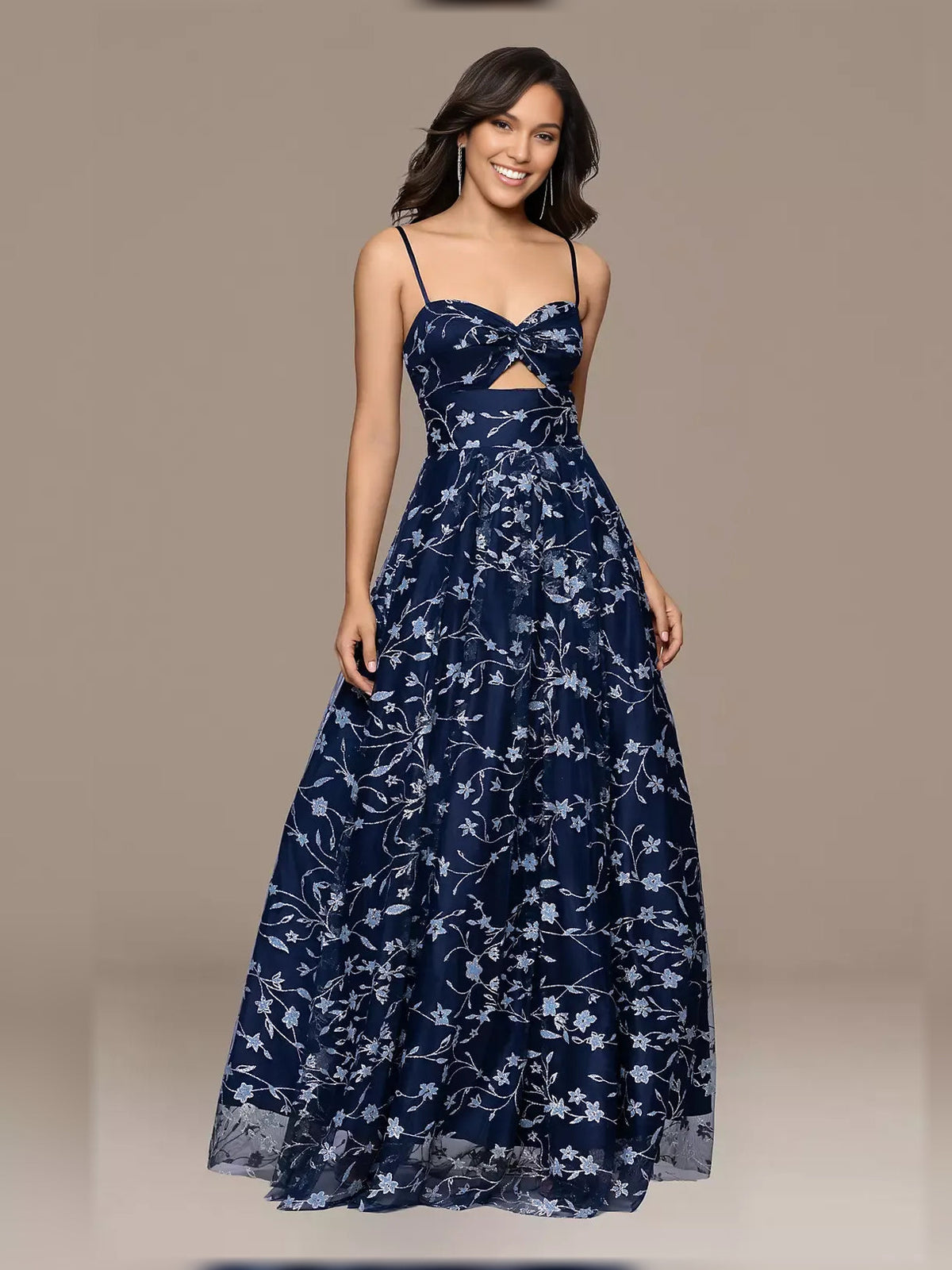 Navy floral print sweetheart formal dress with spaghetti straps and flared floor-length skirt