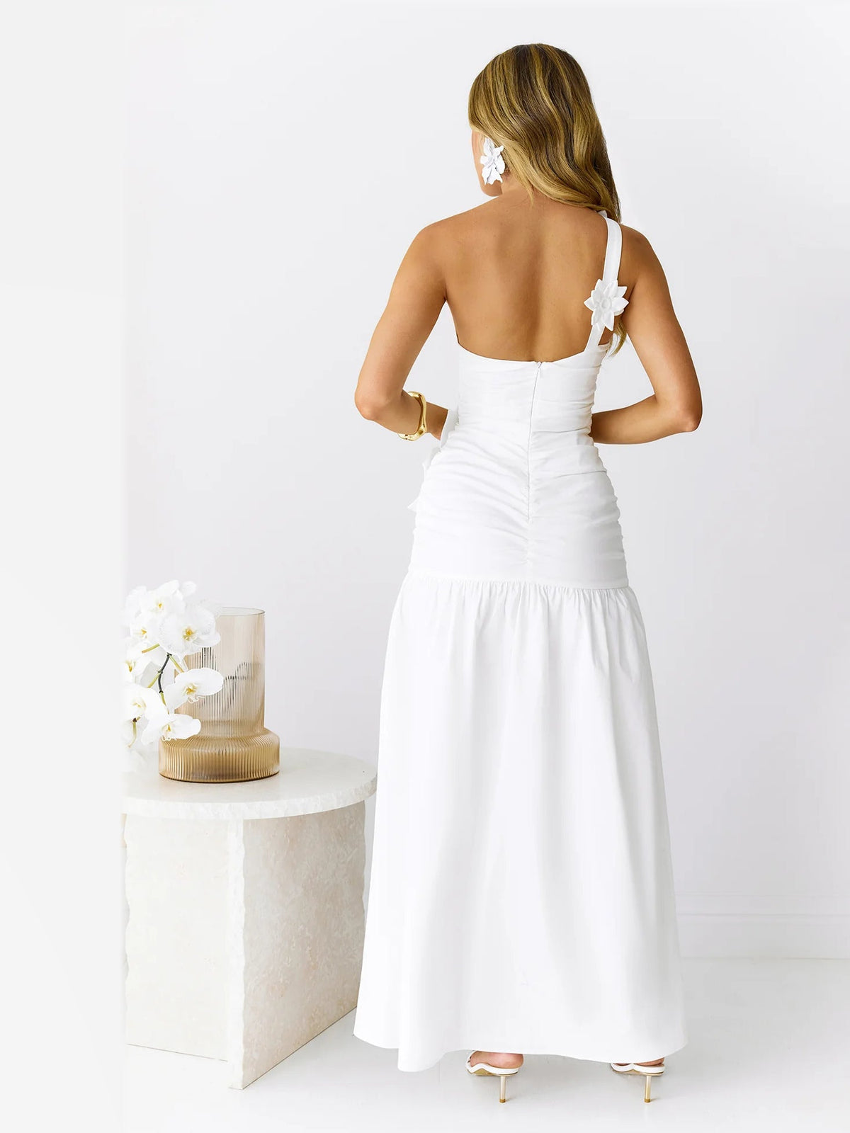 White formal dress with a-line detailing