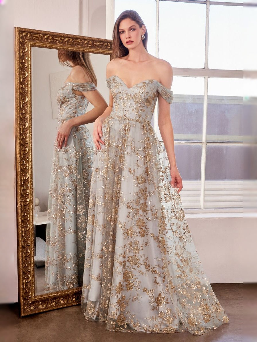 Gold champagne sequin floral off-shoulder V-neck ball-gown prom dress, floor-length