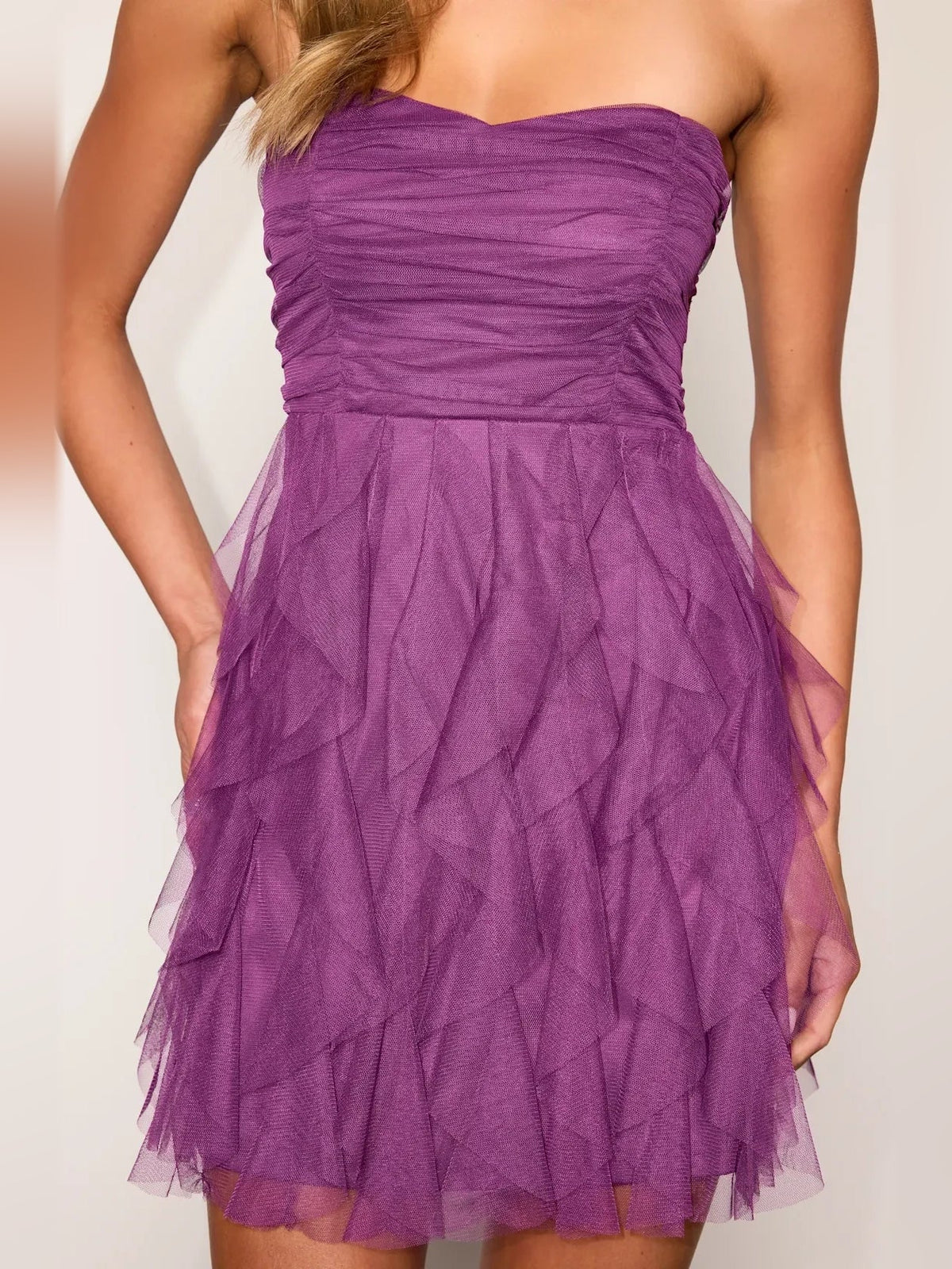 Purple sweetheart mini tulle dress close-up of ruched bodice and tiered ruffle skirt