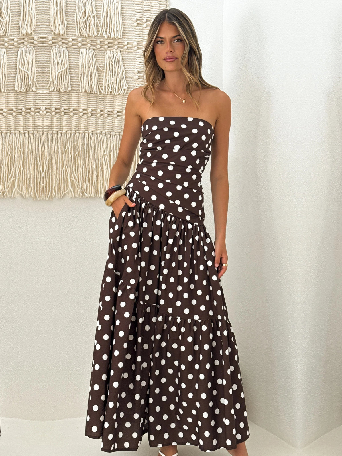 Brown White Polka Dot a-line maxi formal dress with printed pattern, alternate view showing the waist