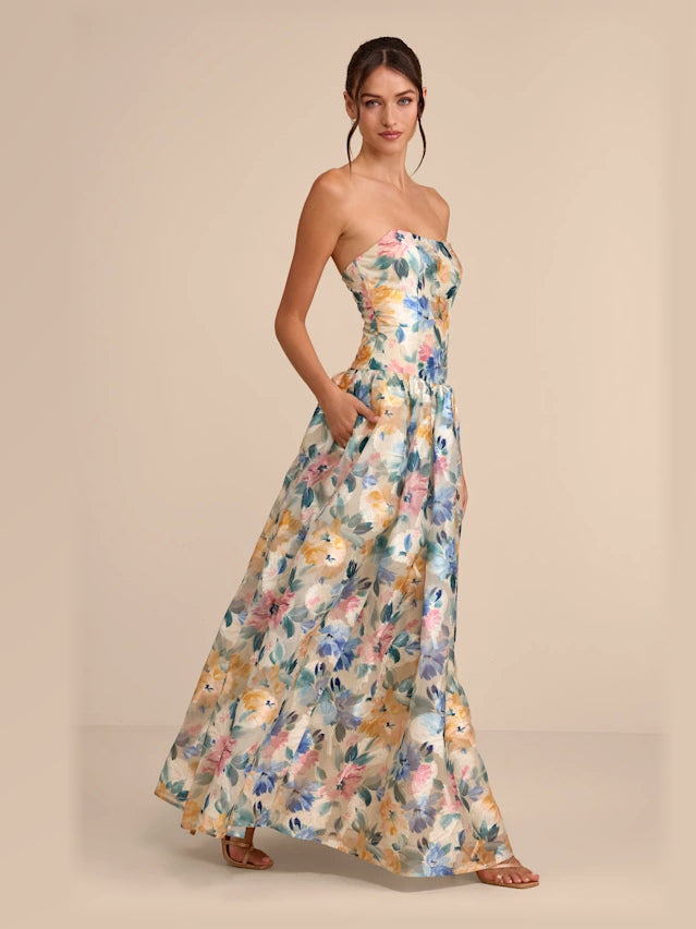 Champagne Blue Peach Floral Print maxi formal dress, alternate full-length view showing the skirt