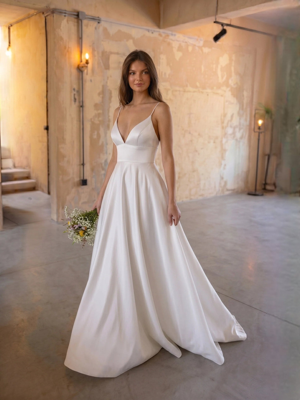 Ivory satin A-line wedding dress with draped V-neck and long skirt, elegant front view