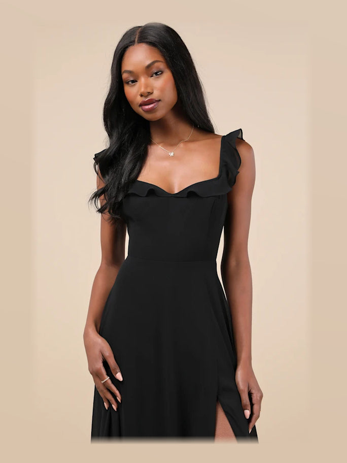 Black formal dress with ruffled detailing