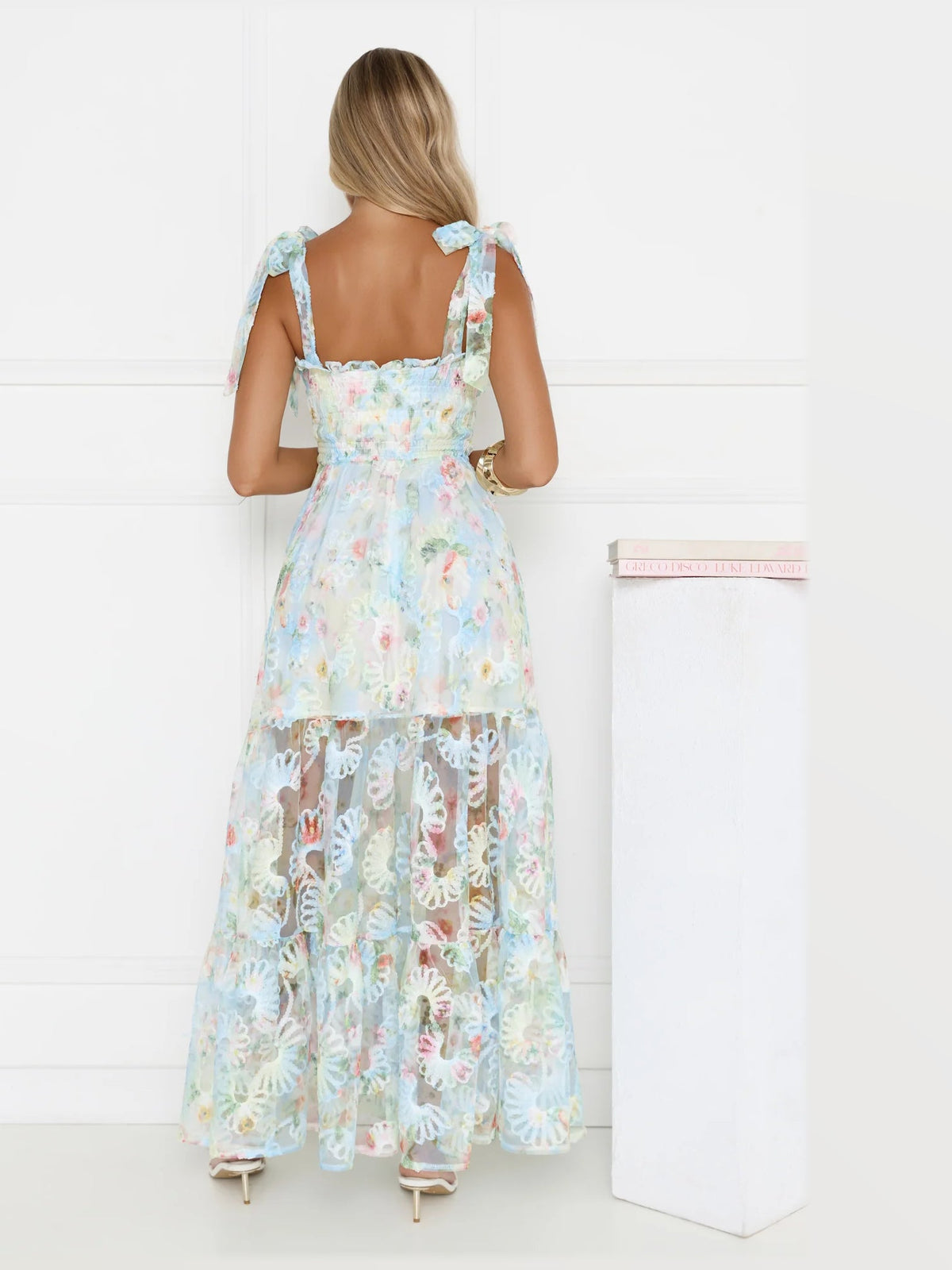 Silver formal dress with a-line detailing