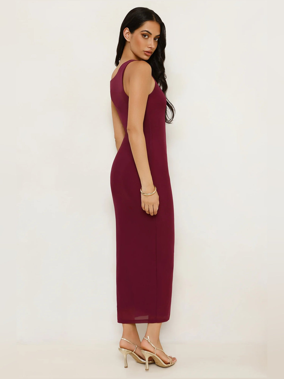 Burgundy sheath maxi formal dress with off-the-shoulder neckline, alternate view showing the waist