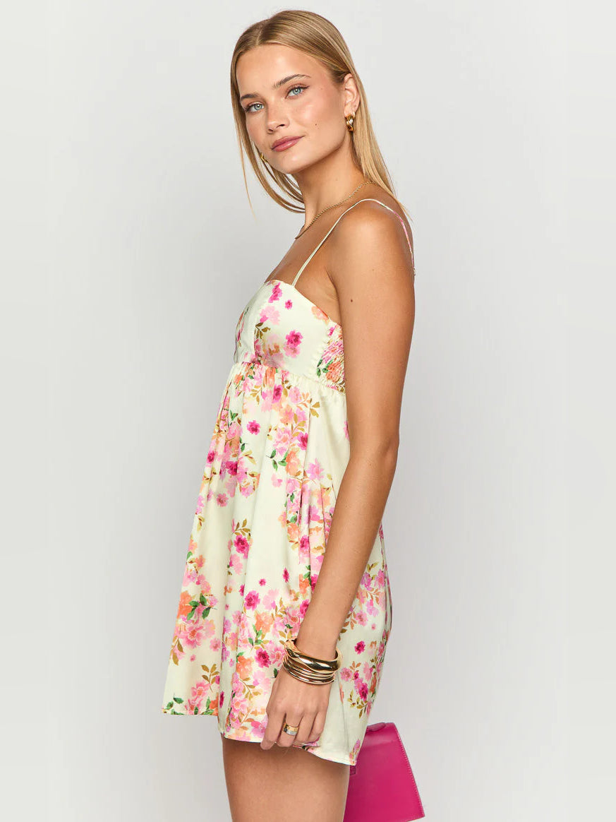 Cream floral mini satin dress with spaghetti straps and back-facing side detail