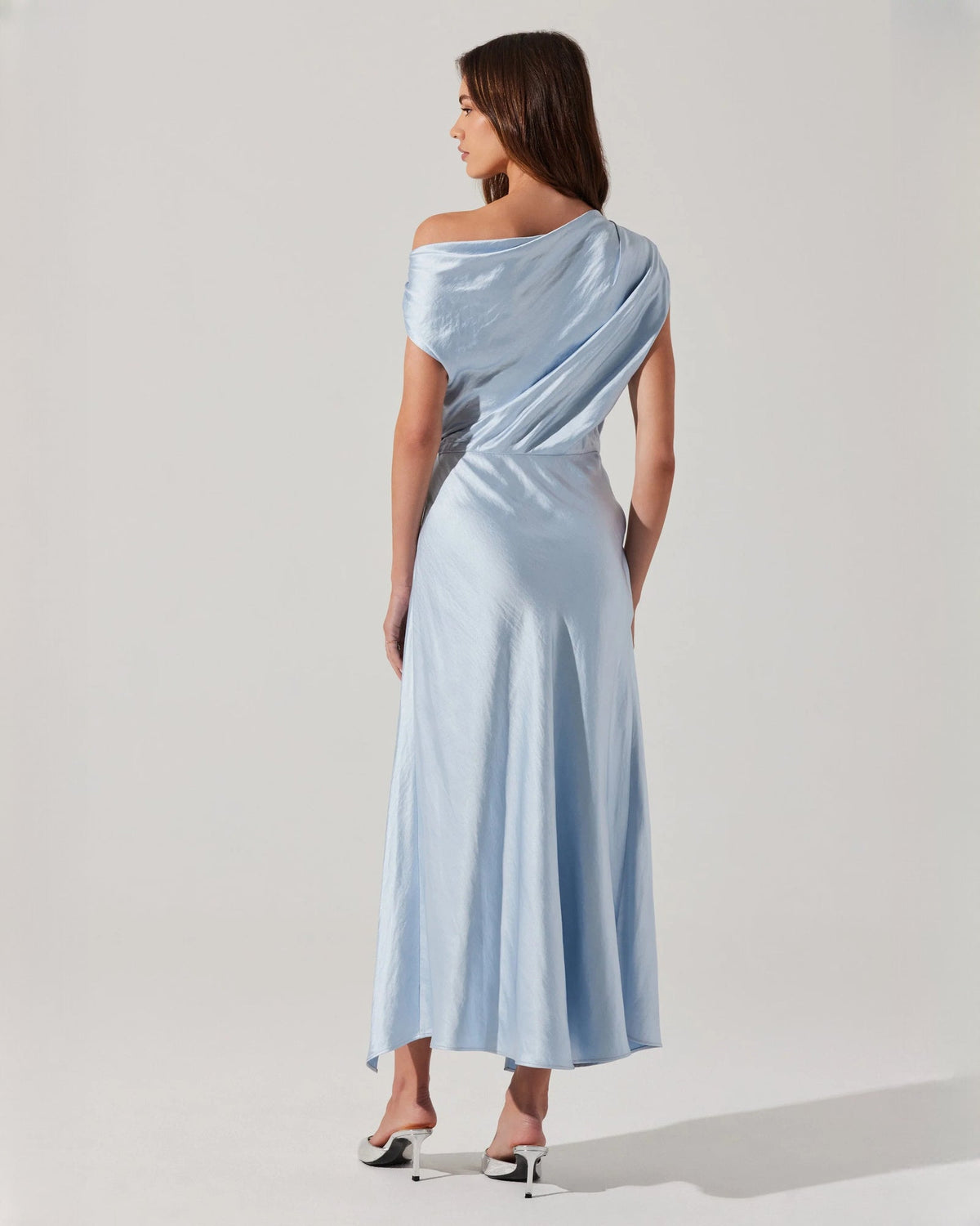 Light blue satin sleeveless midi dress with draped off-shoulder back