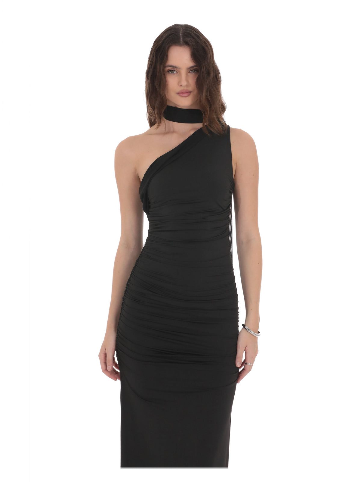 Black bridesmaid dress with a-line detailing