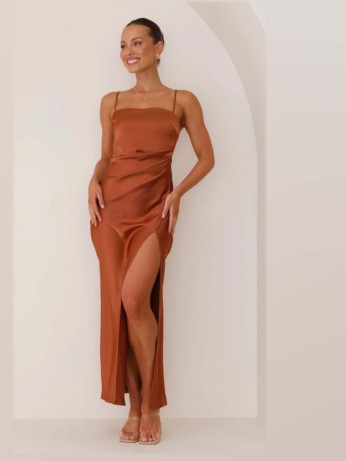 Copper maxi formal dress, alternate full-length view showing the skirt