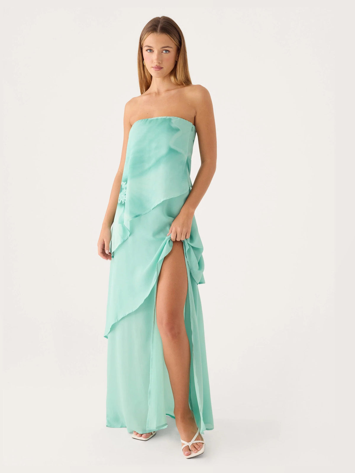 Sage formal dress with a-line detailing