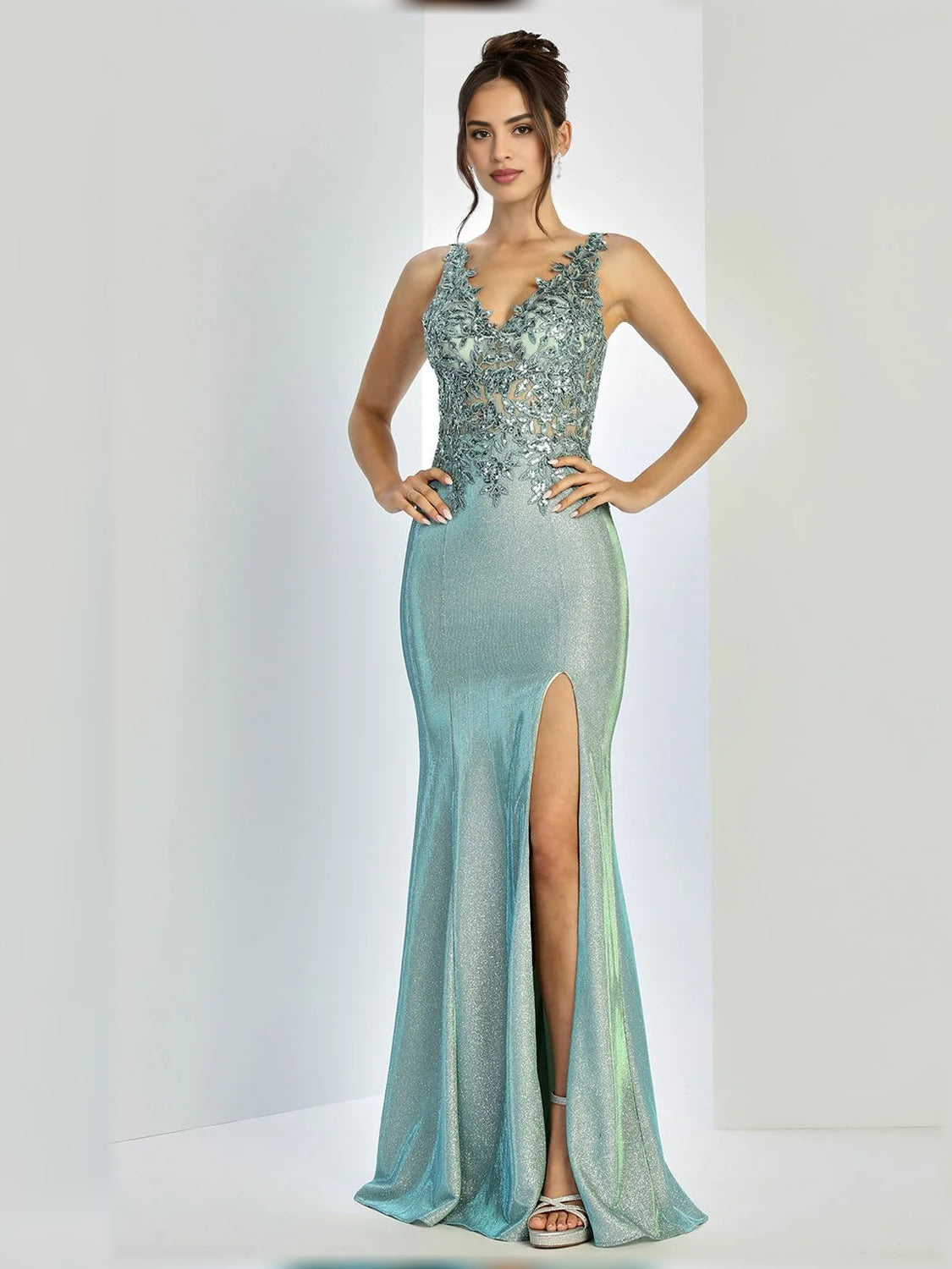 Sage green V-neck sleeveless mermaid formal dress with beaded top and slit