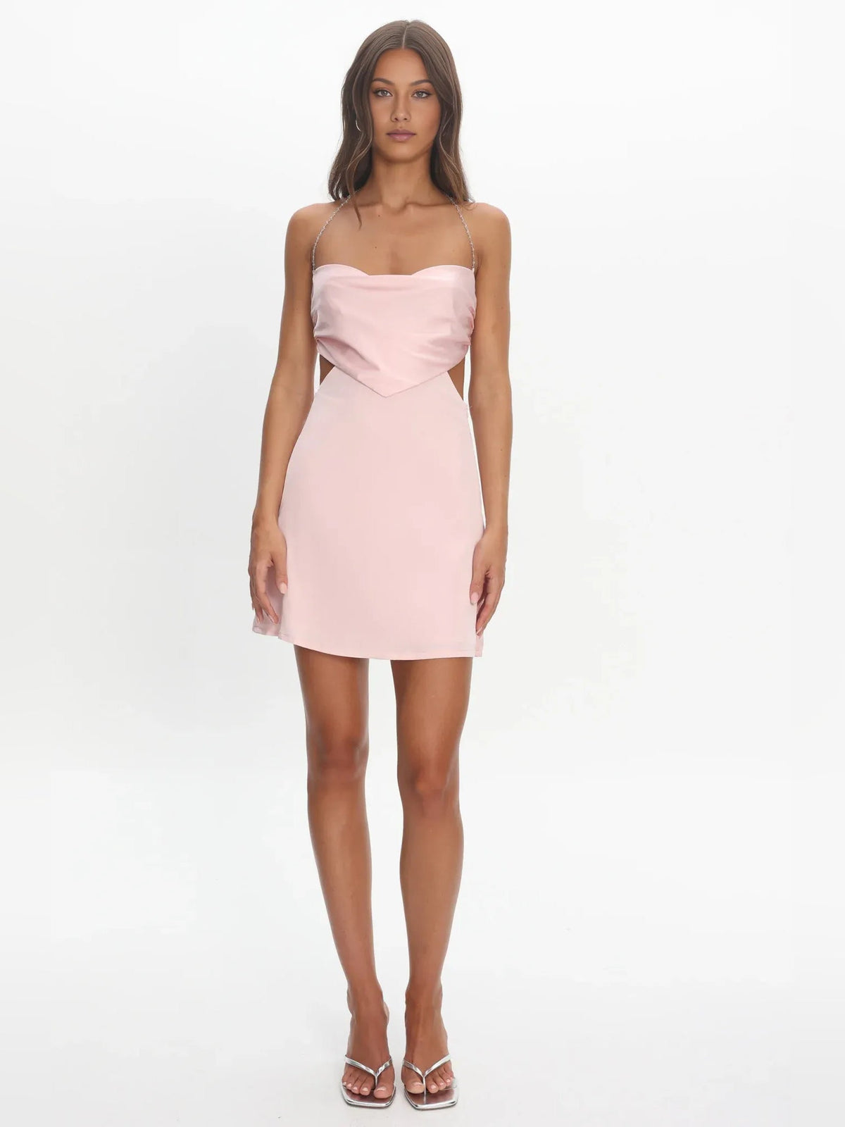 Blush pink satin A-line mini dress with sweetheart neckline and thin straps