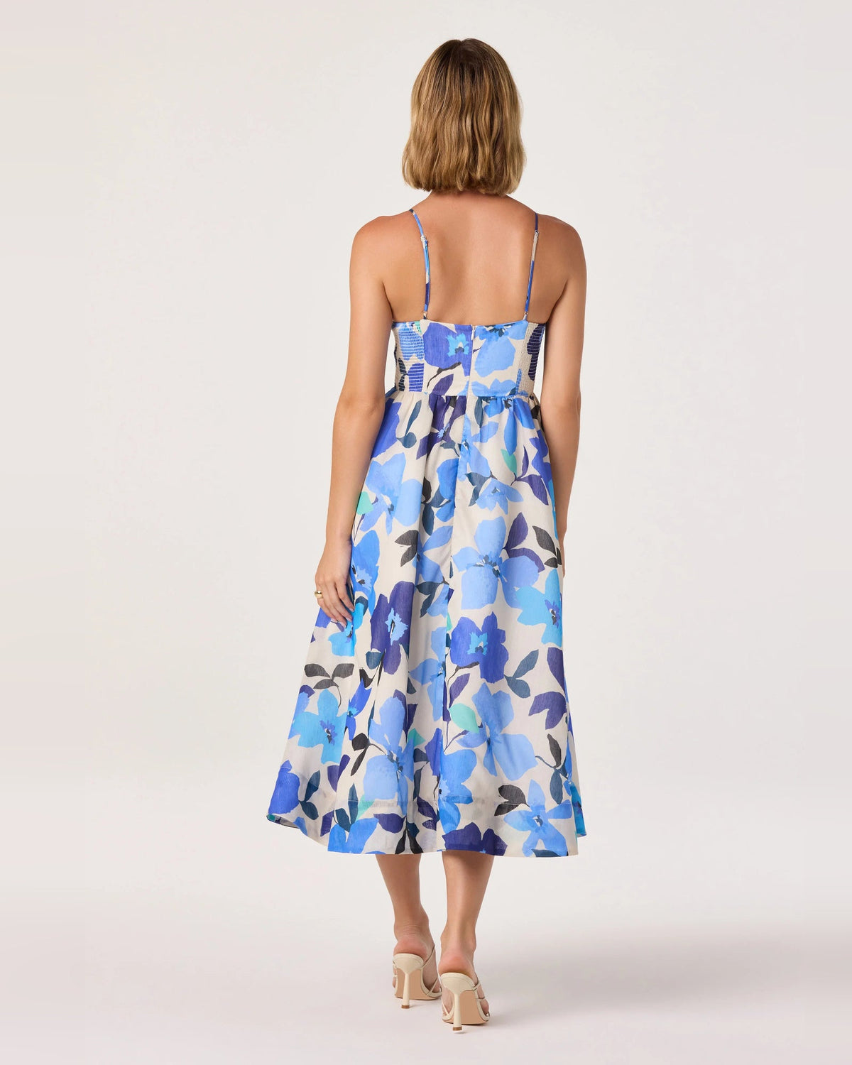 Back view of blue floral spaghetti-strap A-line midi dress with open straps and full skirt