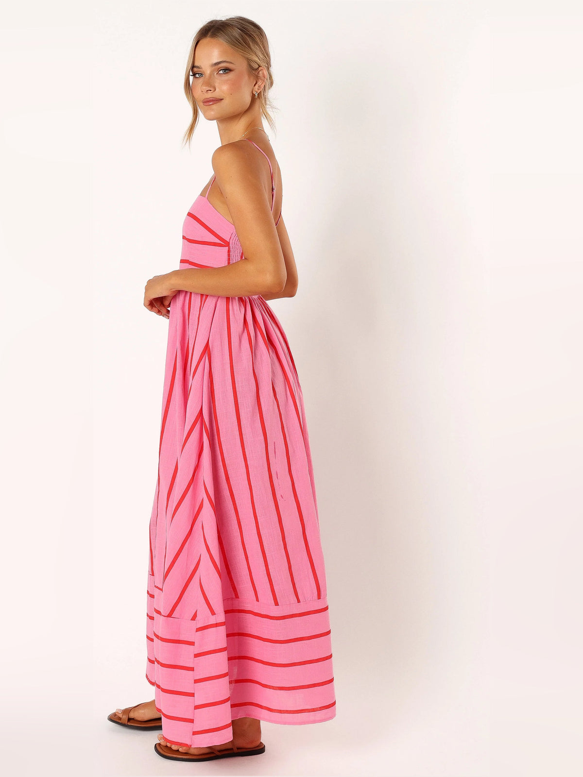 Red a-line maxi formal dress with pleated skirt, alternate full-length view