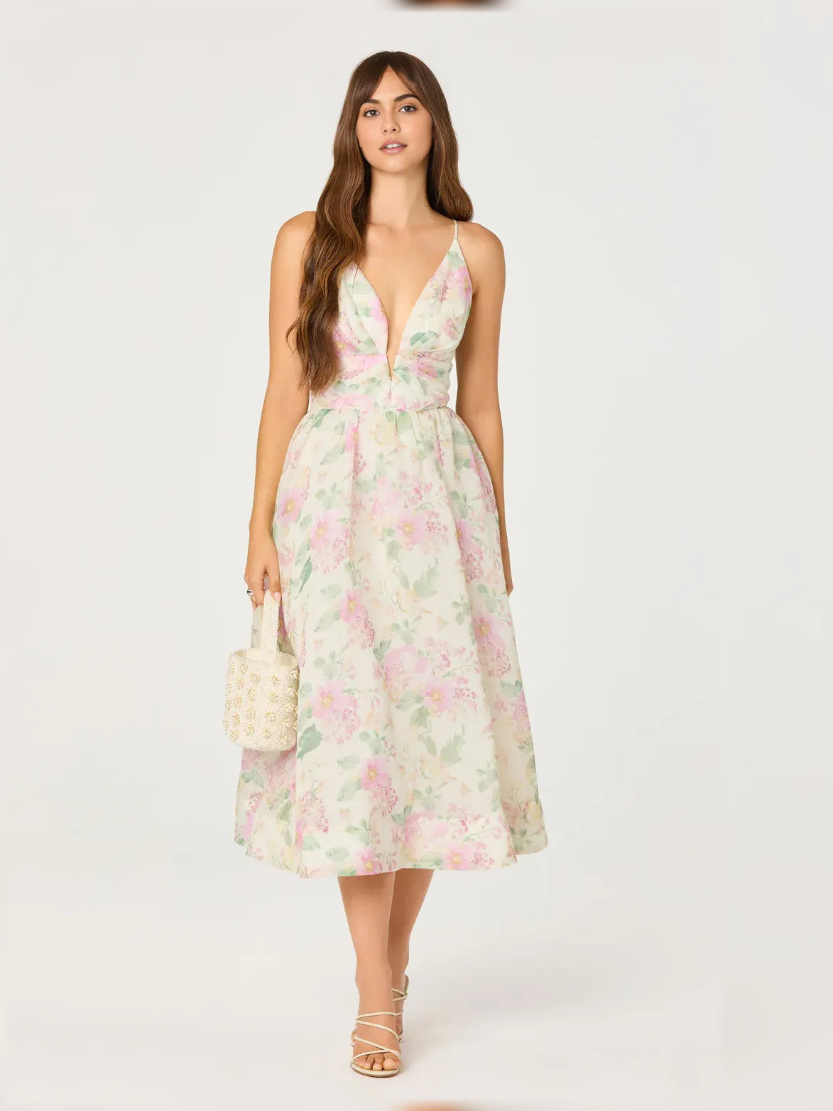Floral print v-neck spaghetti strap midi dress with side held handbag, pastel palette