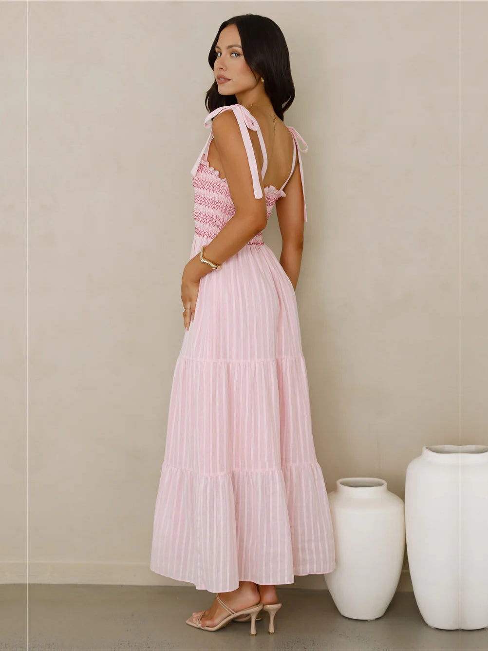 Pink a-line maxi formal dress with pleated skirt, alternate view showing the waist