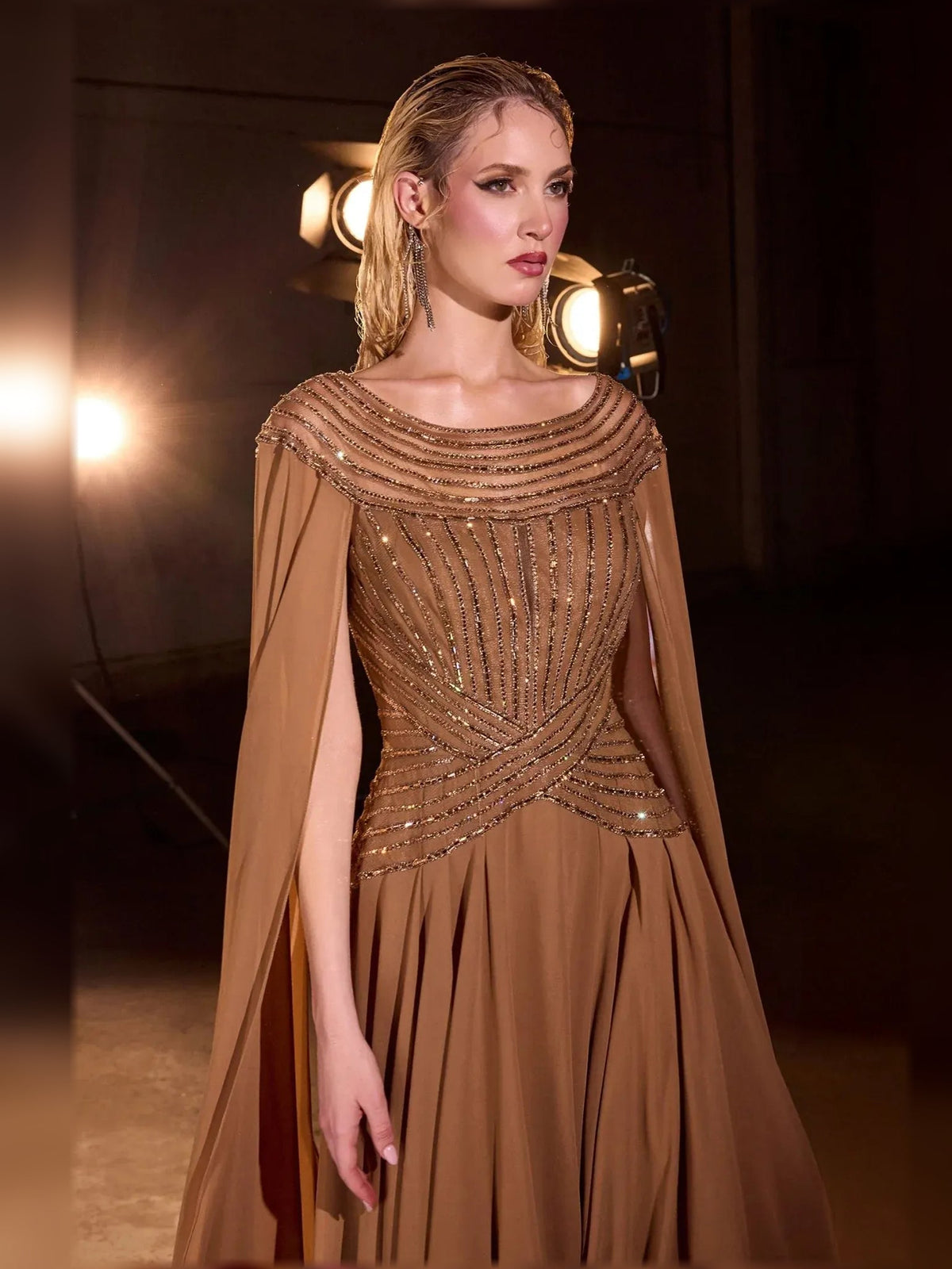 Bronze beaded chiffon A-line dress with embroidered off-shoulder bodice and sheer cape