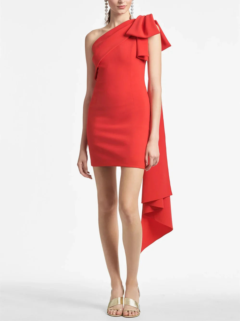Red one-shoulder sheath mini formal dress with layered bow accent and side flap
