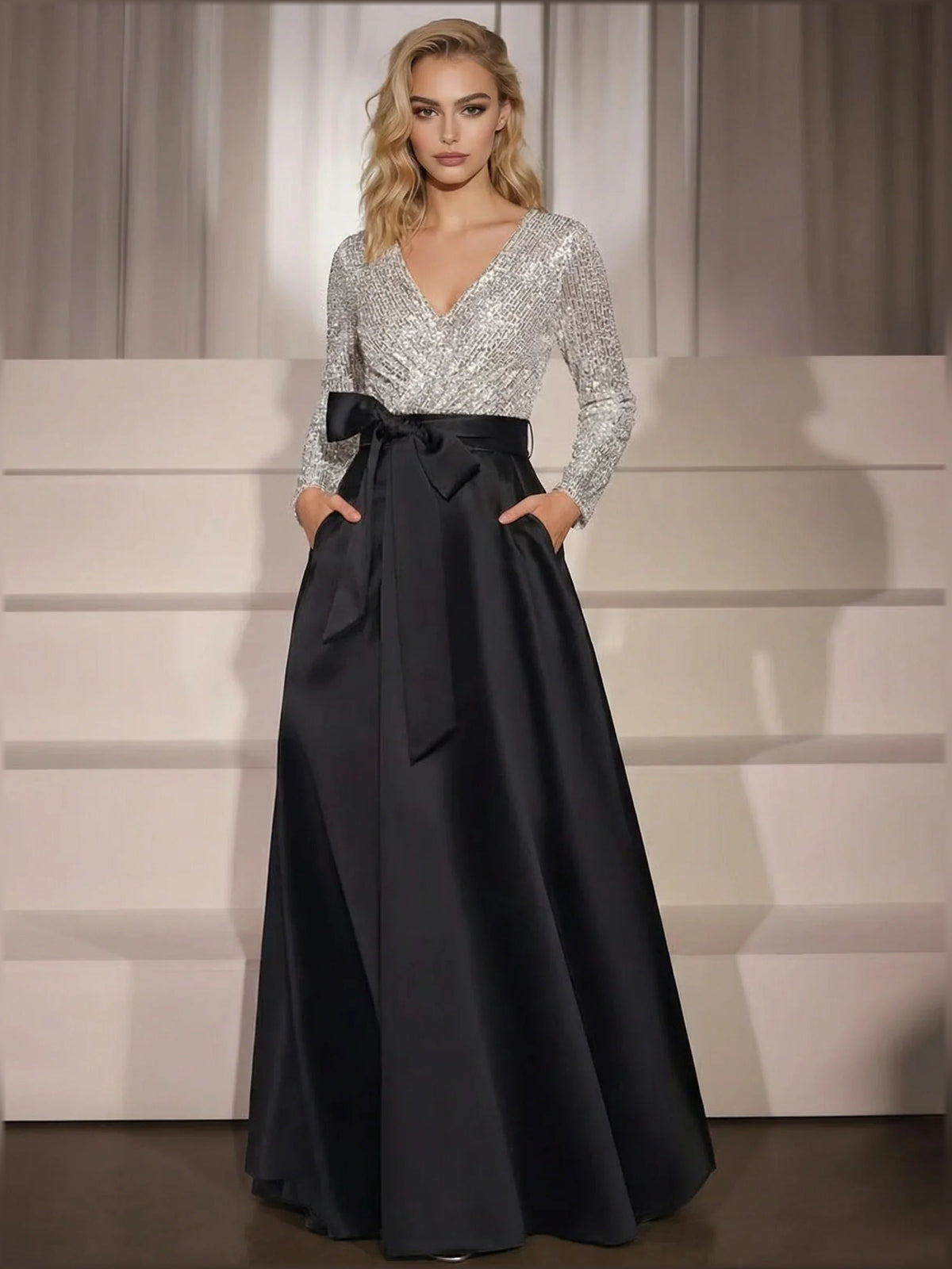 V-neck formal dress with silver sequin top and black satin skirt with large waist bow