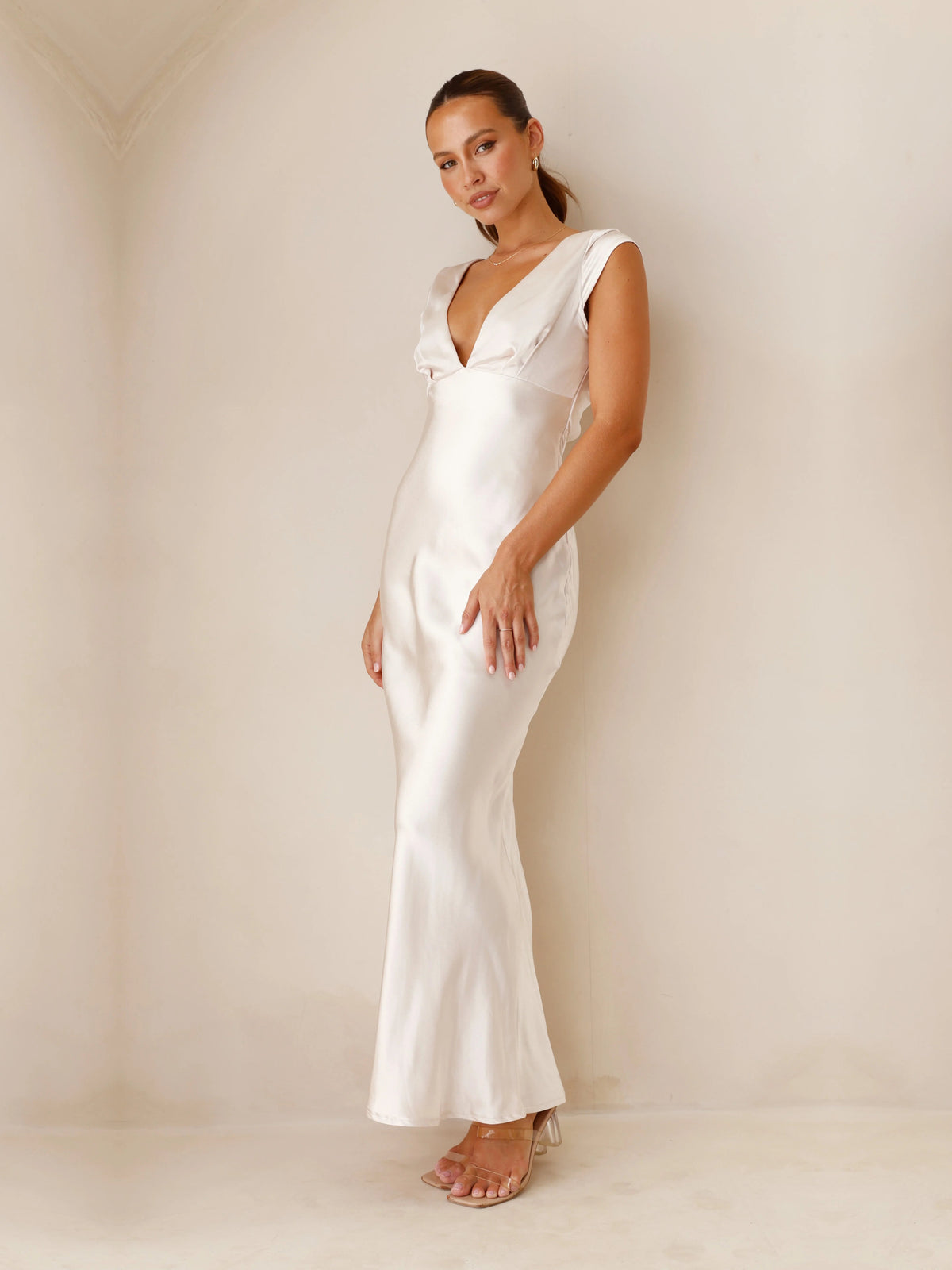 Champagne sheath maxi formal dress with V-neckline, alternate view showing the waist