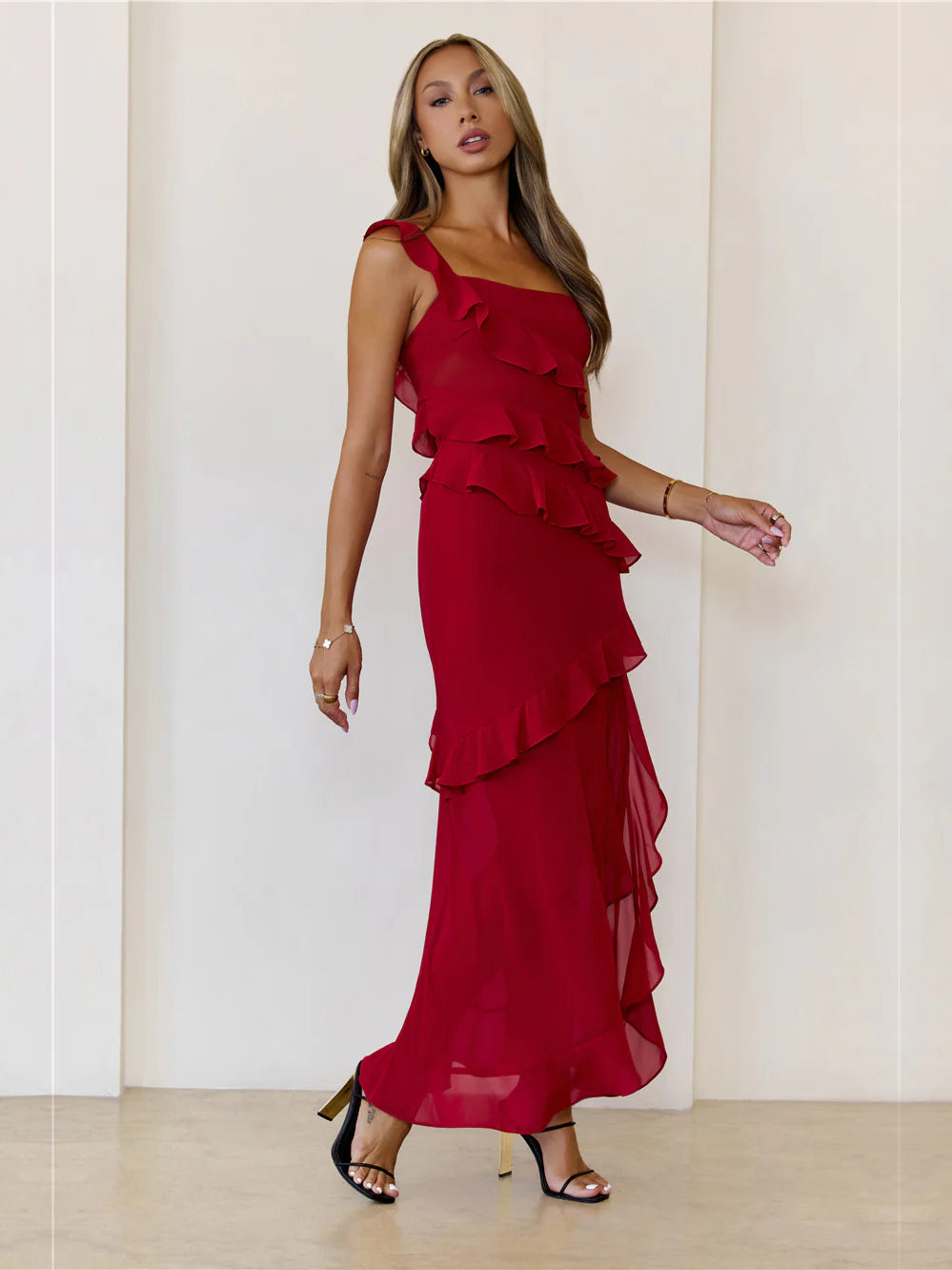 Red sheath maxi formal dress with ruffle details, alternate view showing the waist