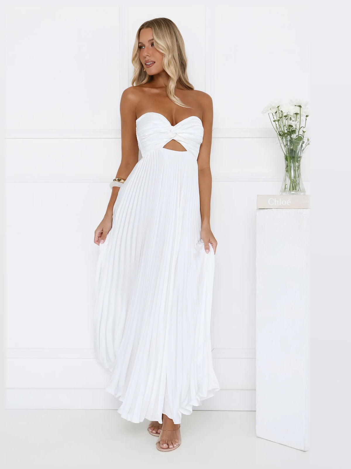 White maxi formal dress, alternate full-length view showing the skirt