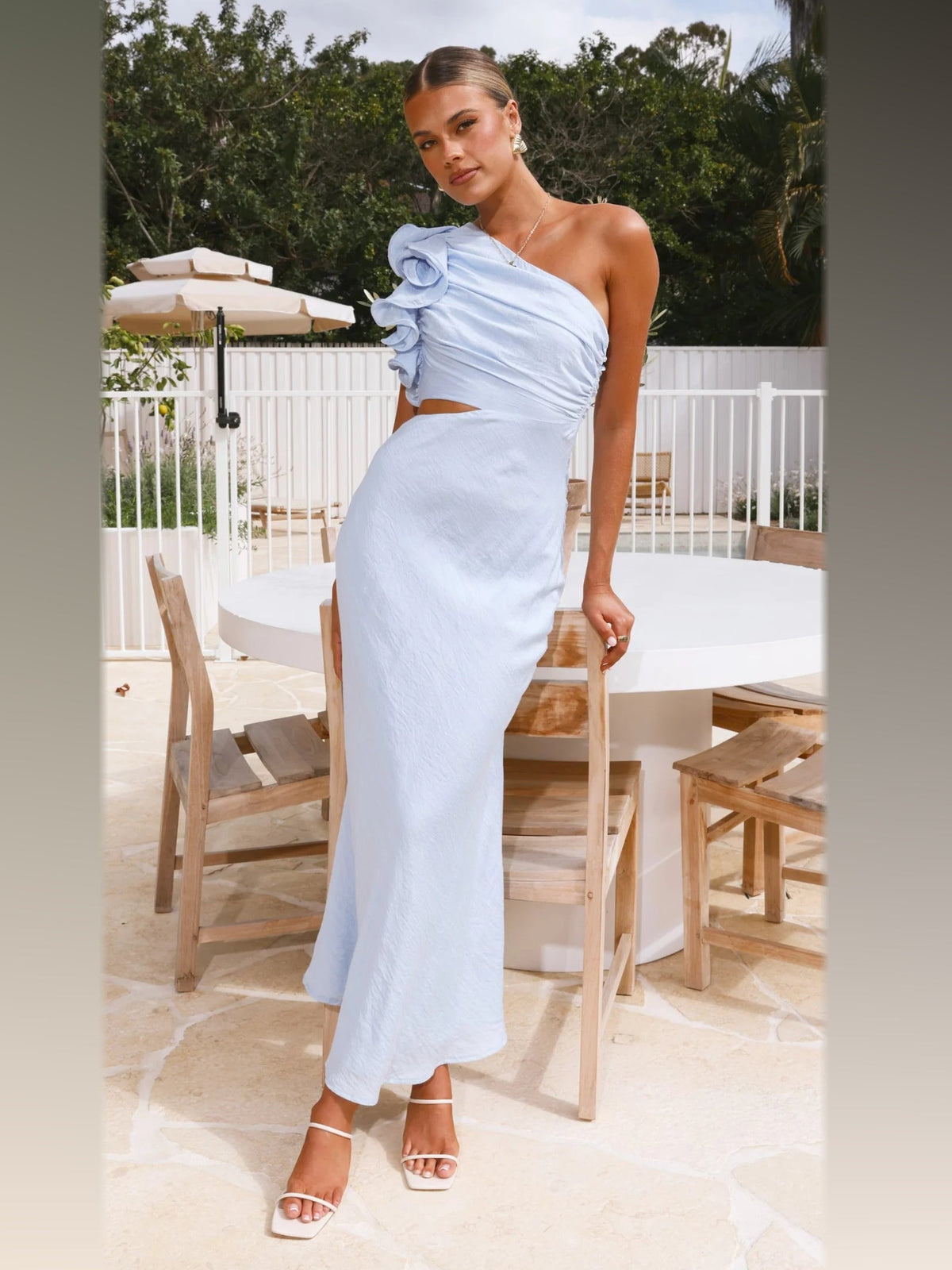 Blue maxi formal dress, alternate full-length view showing the skirt