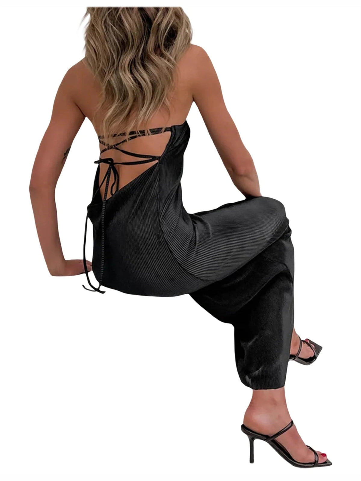 Black sheath maxi formal dress with strapless neckline, alternate full-length view showing the waist