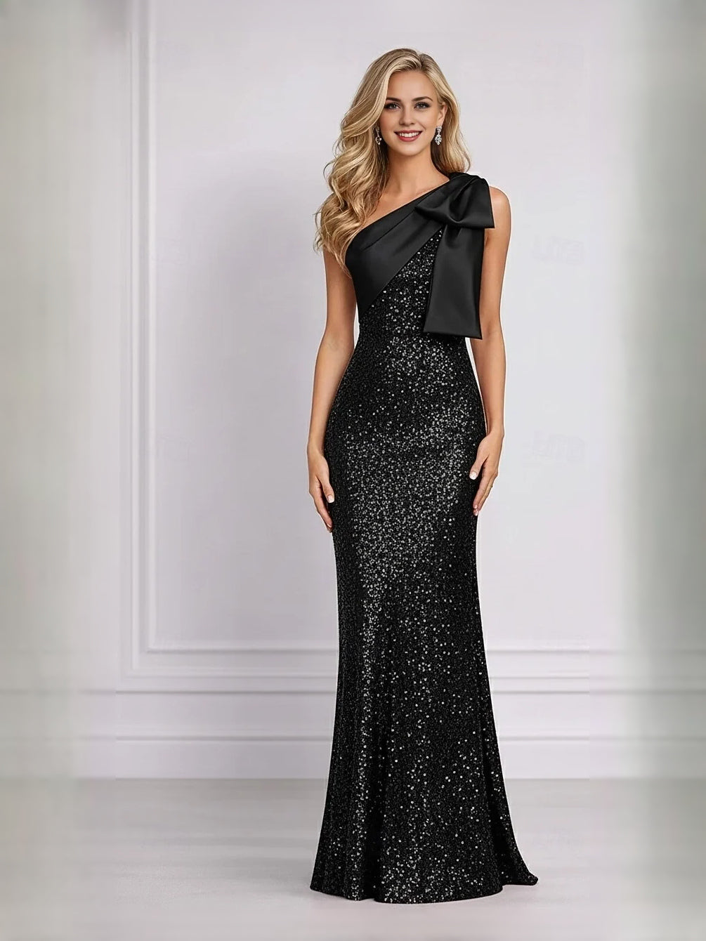 Black one-shoulder sequin mermaid maxi prom dress with satin bow at shoulder