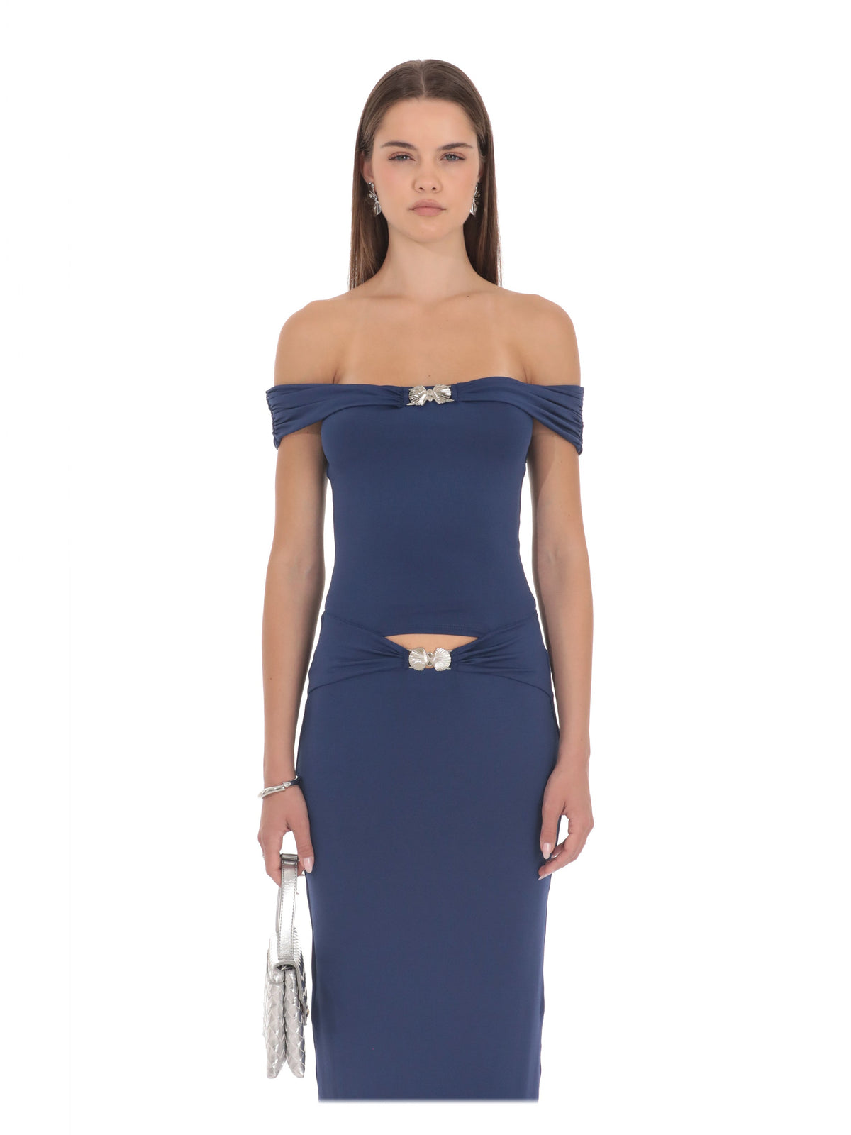 Blue bridesmaid dress with a-line detailing