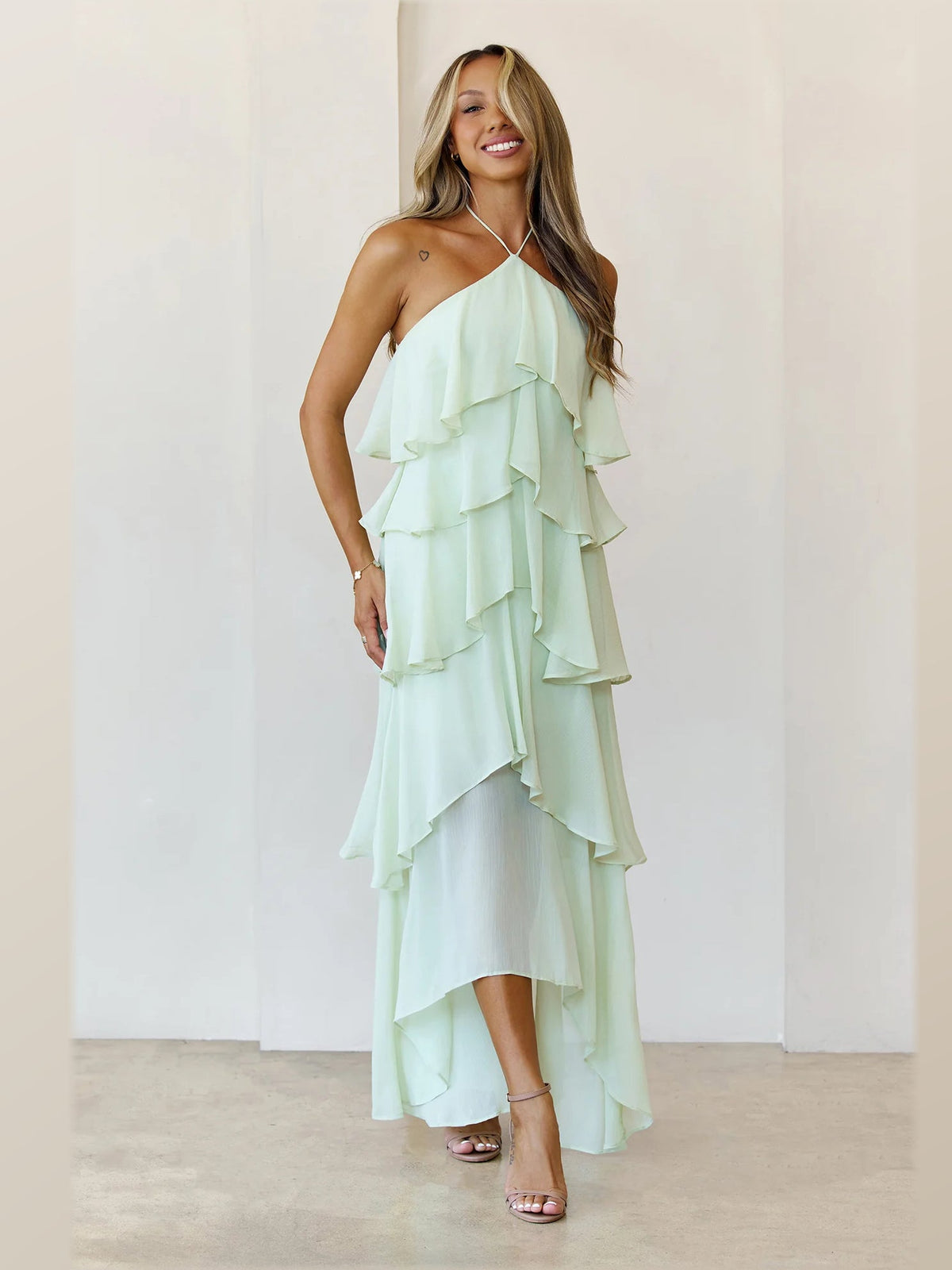 Lime maxi formal dress, alternate full-length view showing the skirt
