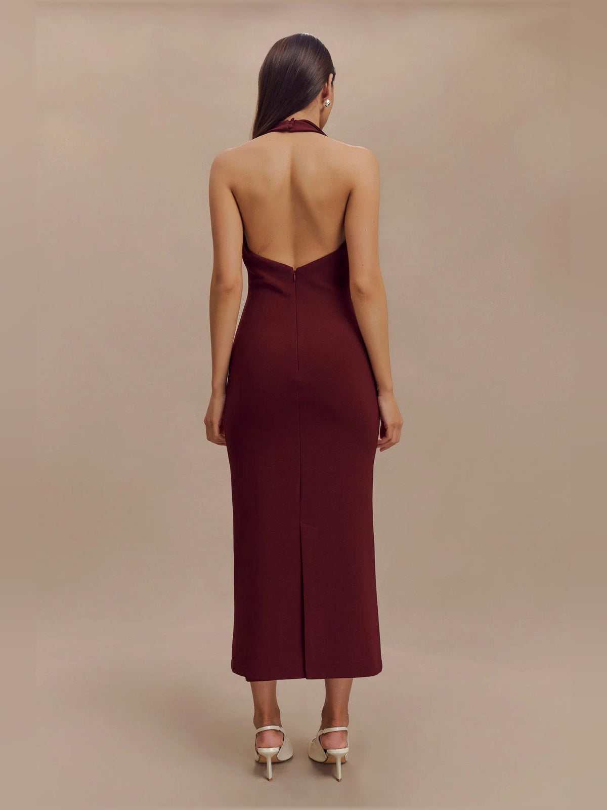 Merlot crepe halter midi dress with open-back V and straight midi hem