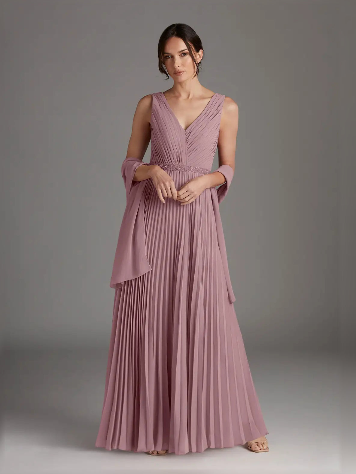 Dusty rose pleated chiffon maxi dress with V-neck and draped chiffon sleeves