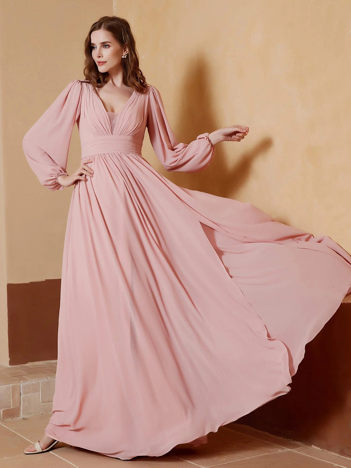 Dusty rose chiffon maxi dress with pleated ruched bodice, flowing skirt, front slit
