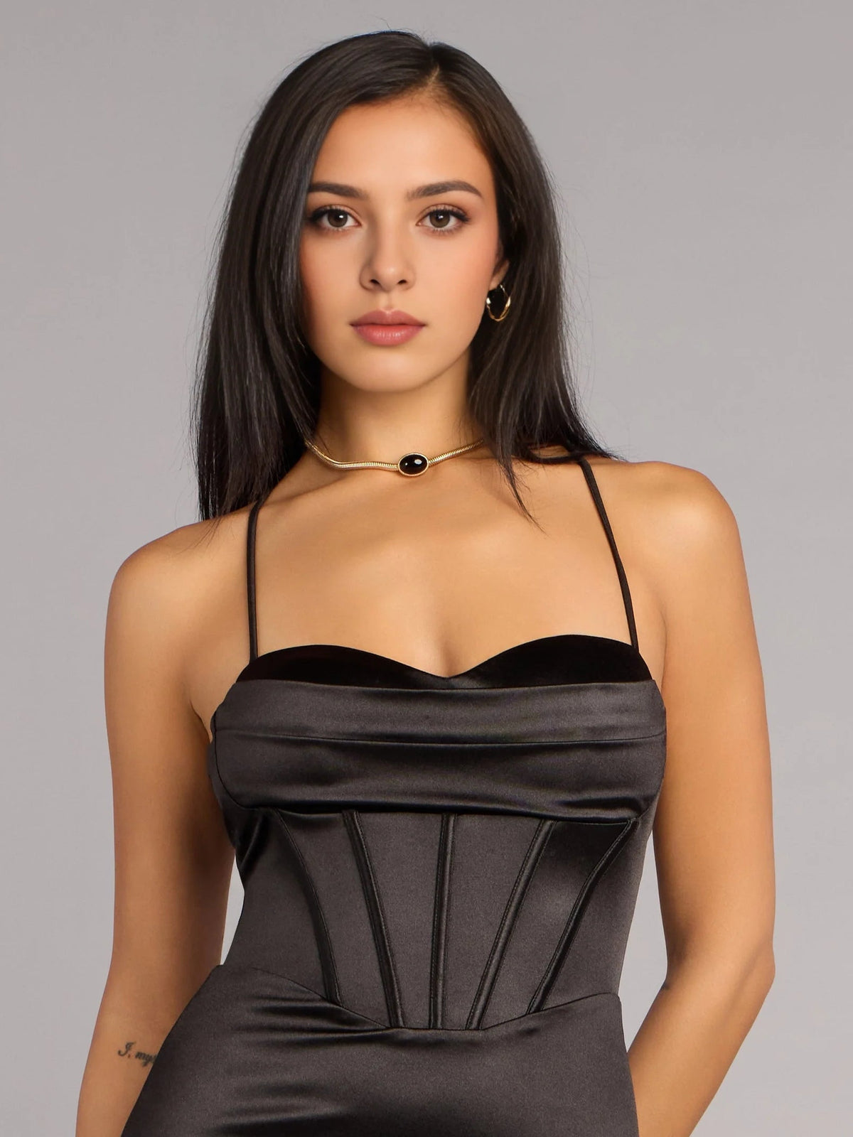 Black satin corset bodice prom dress with sweetheart neckline and thin spaghetti straps